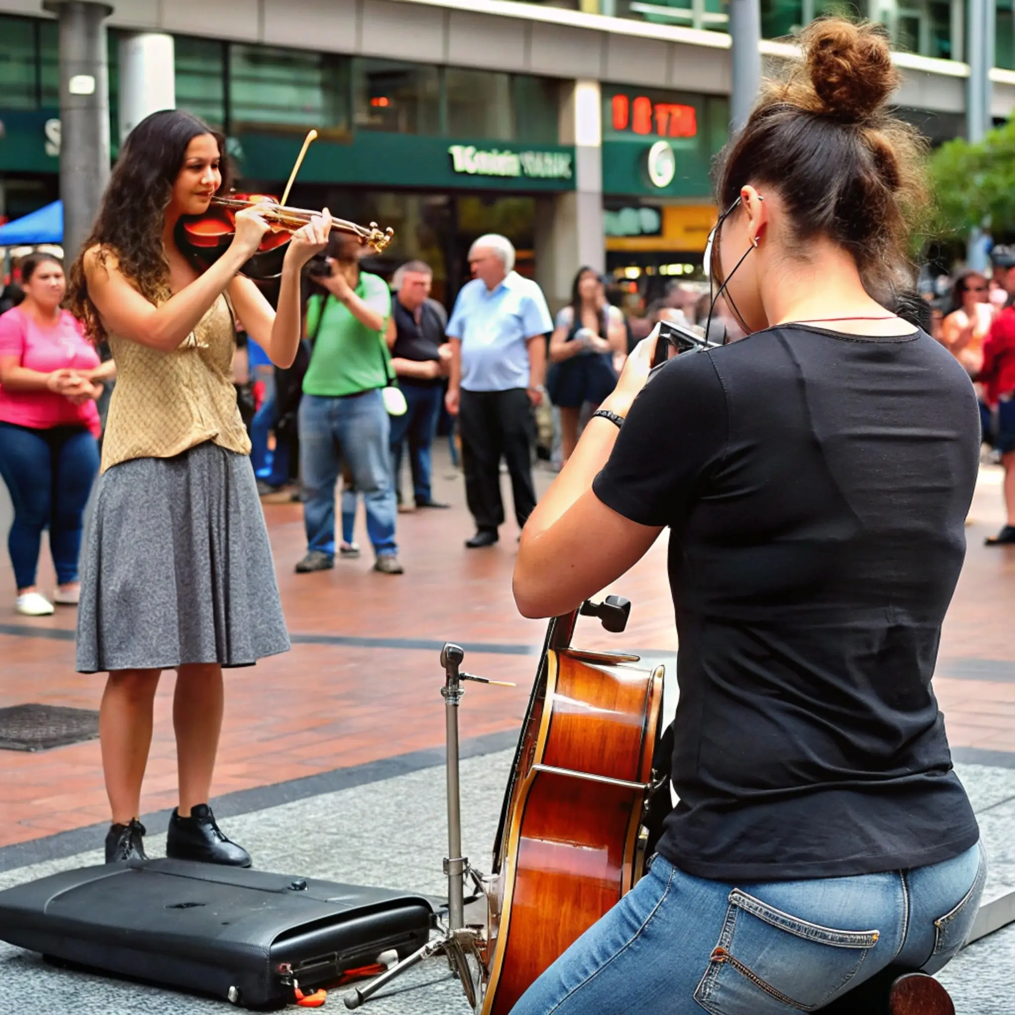 Zwei Frauen spielen vor einem Geschäft Geige, auf dem das Wort quot steht.