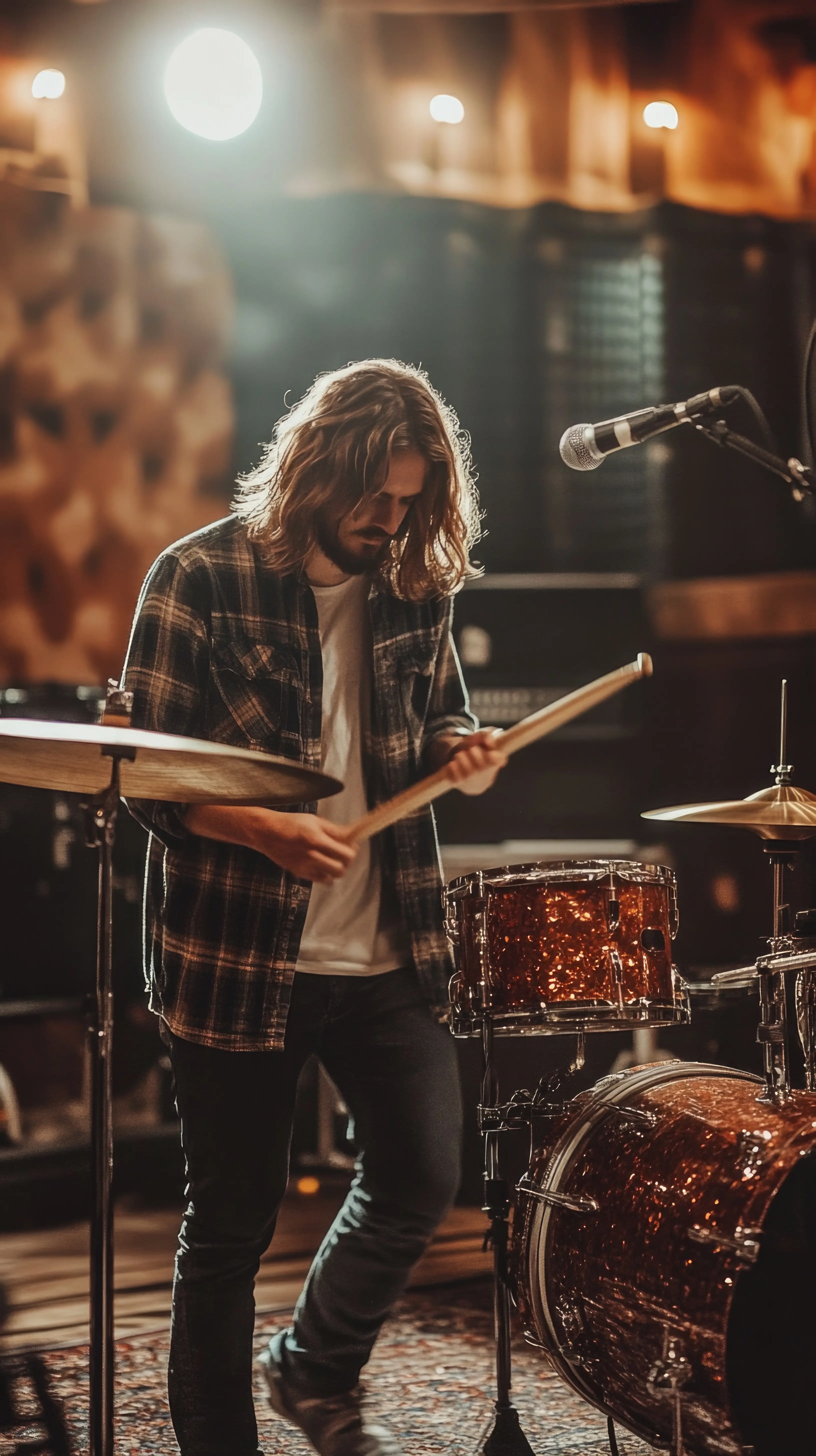 Musiker, der während einer Abendsession in einer gemütlichen Location am Schlagzeug spielt, als mobiles 4K-Hintergrundbild.