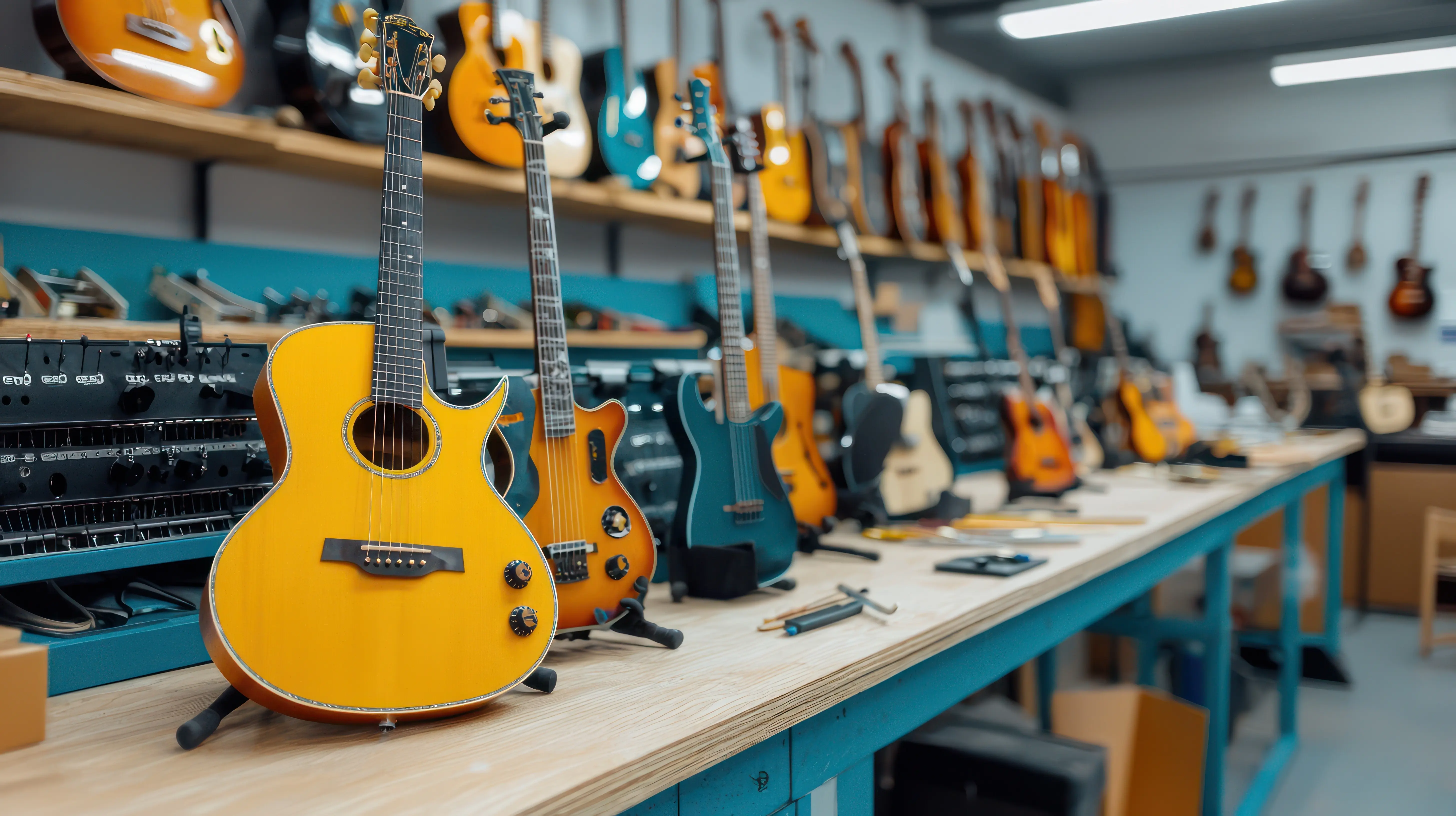 Eine Reihe von Gitarren ist auf einem Tisch aufgereiht.